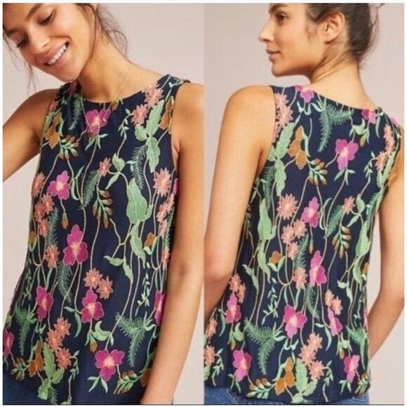 Meadow Rue Cartagena Embroidered Tank Womens Small Navy Floral Anthropologie Top - Picture 5 of 9